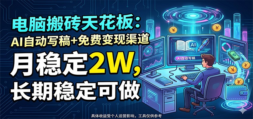 电脑搬砖天花板：AI自动写稿+免费变现渠道，月稳定2W，长期稳定可做-白蛇网