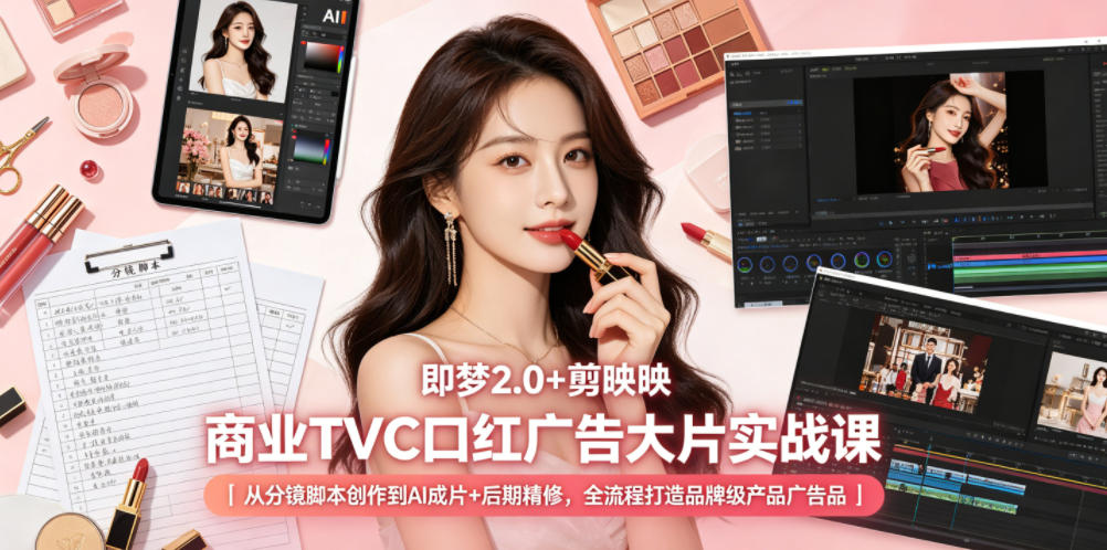 即梦2.0+剪映商业TVC口红广告大片实战课｜从分镜脚本创作到AI成片+后期精修，全流程打造品牌级产品广告-白蛇网