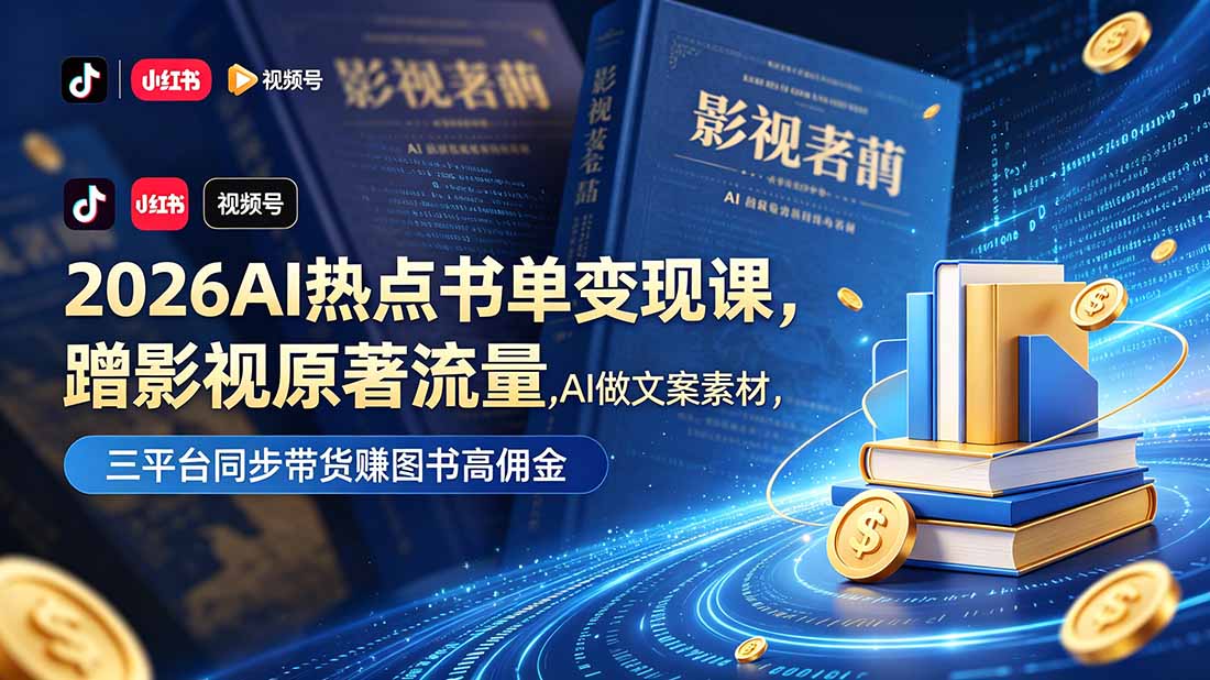 2026AI热点书单变现课，蹭影视原著流量，AI做文案素材，三平台同步带货赚图书高佣金-白蛇网
