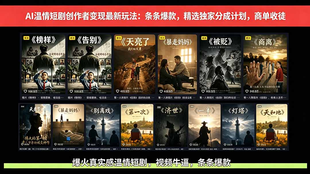 AI温情短剧创作者变现最新玩法：视频牛逼，条条爆款，精选独家分成计划，商单收徒-白蛇网