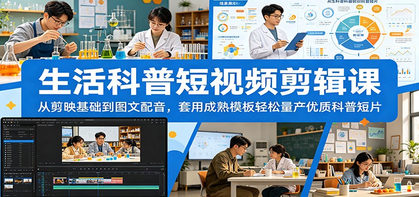 生活科普短视频剪辑课：从剪映基础到图文配音，套用成熟模板轻松量产优质科普短片-白蛇网
