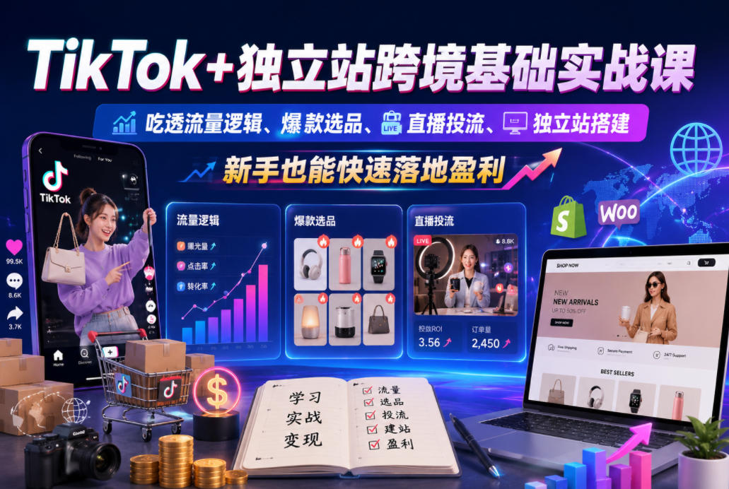 TikTok+独立站跨境基础实战课，吃透流量逻辑、爆款选品、直播投流与独立站搭建，新手也能快速落地盈利-白蛇网