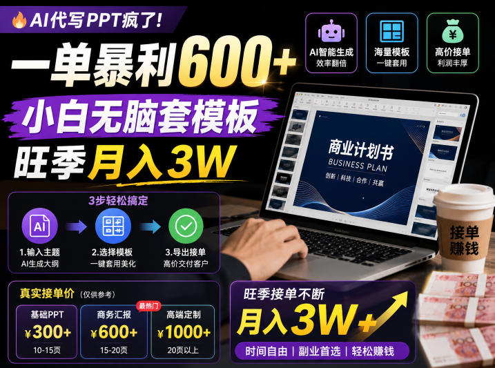 AI代写PPT疯了！一单暴利600+，小白无脑套模板，旺季月入3W，不用苦哈哈引流【揭秘】-白蛇网