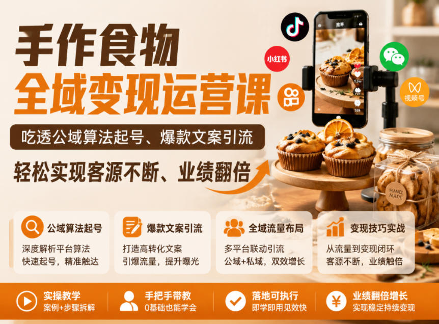 手作食物全域变现运营课,吃透公域算法起号、爆款文案引流,轻松实现客源不断、业绩翻倍-白蛇网