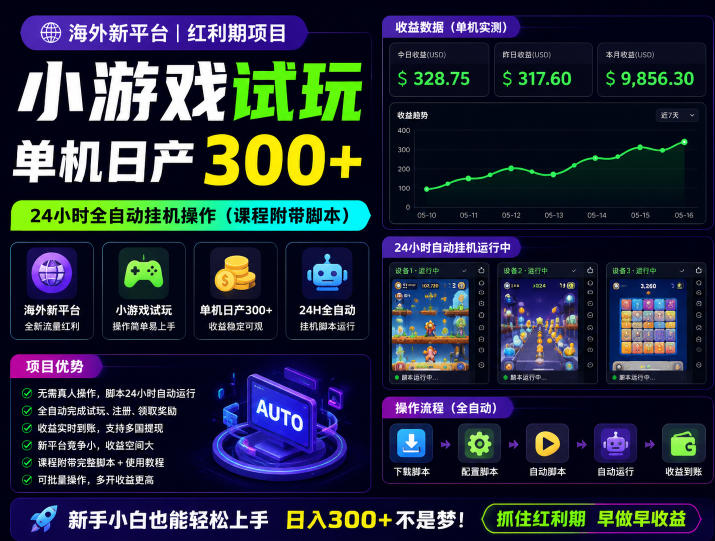 海外新平台,小游戏试玩,单机日产300+,24小时全自动挂G操作(课程附带脚本)【揭秘】-白蛇网