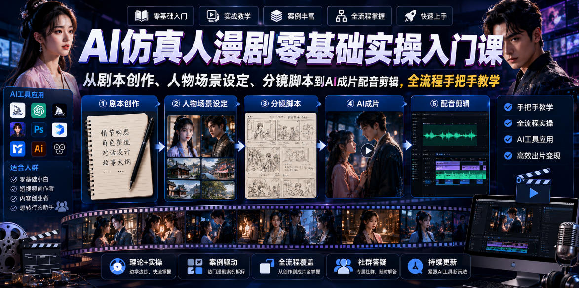 AI仿真人漫剧零基础实操入门课，从剧本创作、人物场景设定、分镜脚本到AI成片配音剪辑，全流程手把手教学-白蛇网