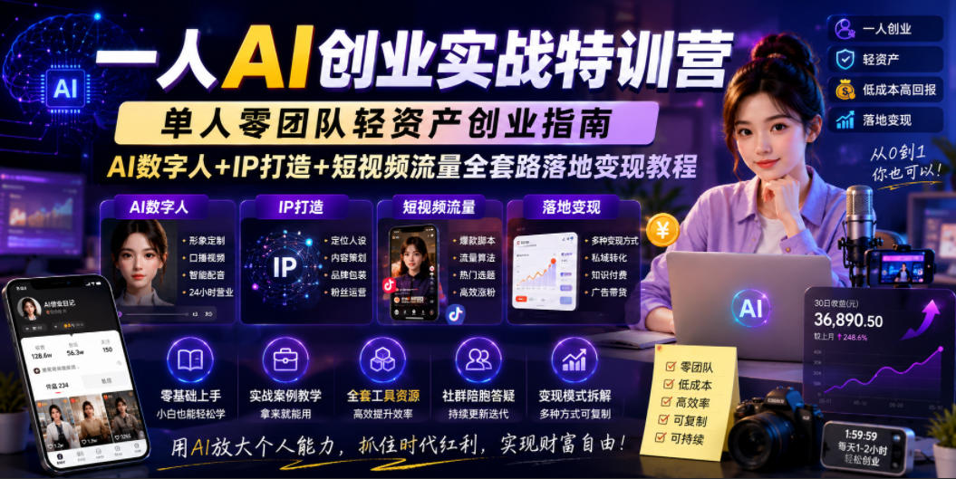 一人AI创业实战特训营,单人零团队轻资产创业指南,AI数字人+IP打造+短视频流量全套路落地变现教程网赚项目-副业赚钱-互联网创业-资源整合青创网