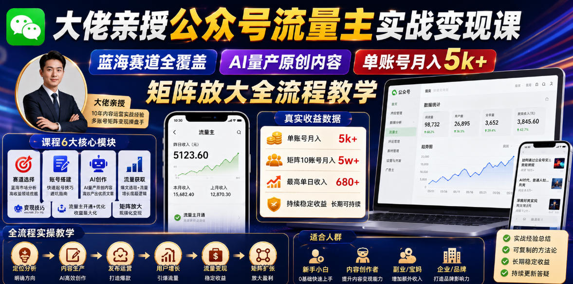 大佬亲授公众号流量主实战变现课，蓝海赛道全覆盖，AI量产原创内容，单账号月入5k+矩阵放大全流程教学-白蛇网