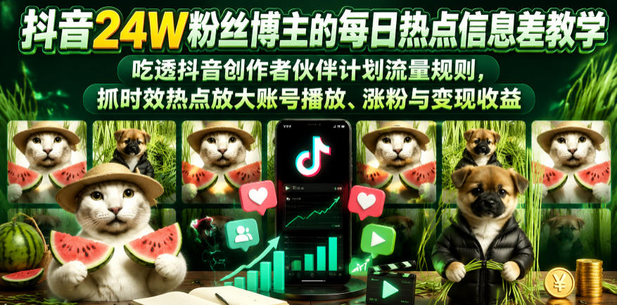抖音24W粉丝博主的每日热点信息差教学,吃透创作者伙伴计划流量规则,抓时效热点放大账号播放、涨粉与变现收益(更新)-白蛇网