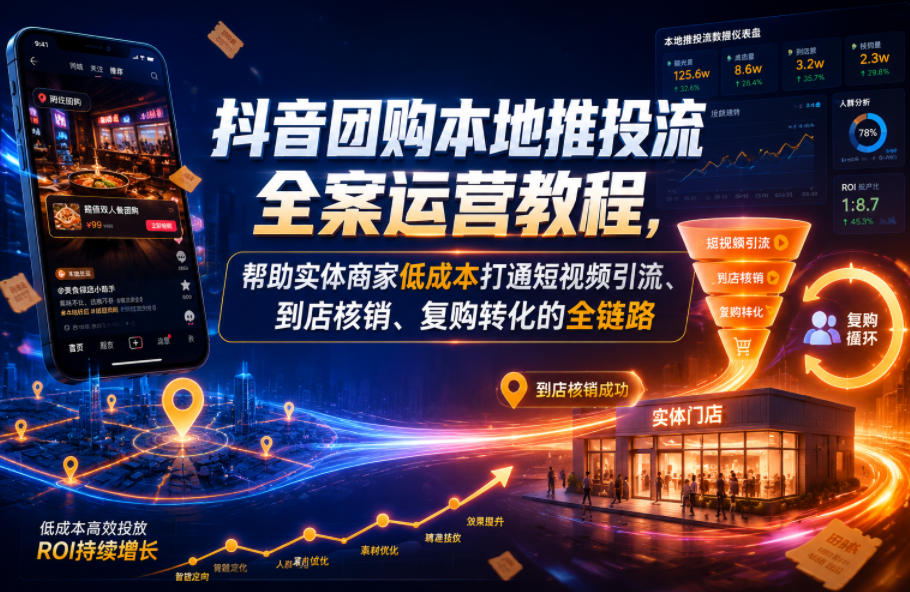 抖音团购本地推投流全案运营教程,帮助实体商家低成本打通短视频引流、到店核销、复购转化的全链路-白蛇网