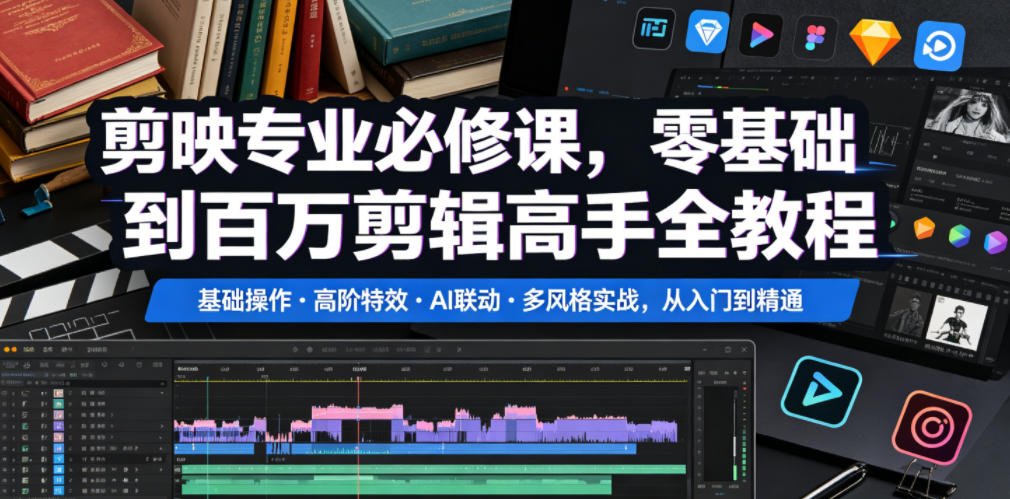 剪映专业必修课,零基础到百万剪辑高手全教程,基础操作・高阶特效・AI联动・多风格实战,从入门到精通-白蛇网