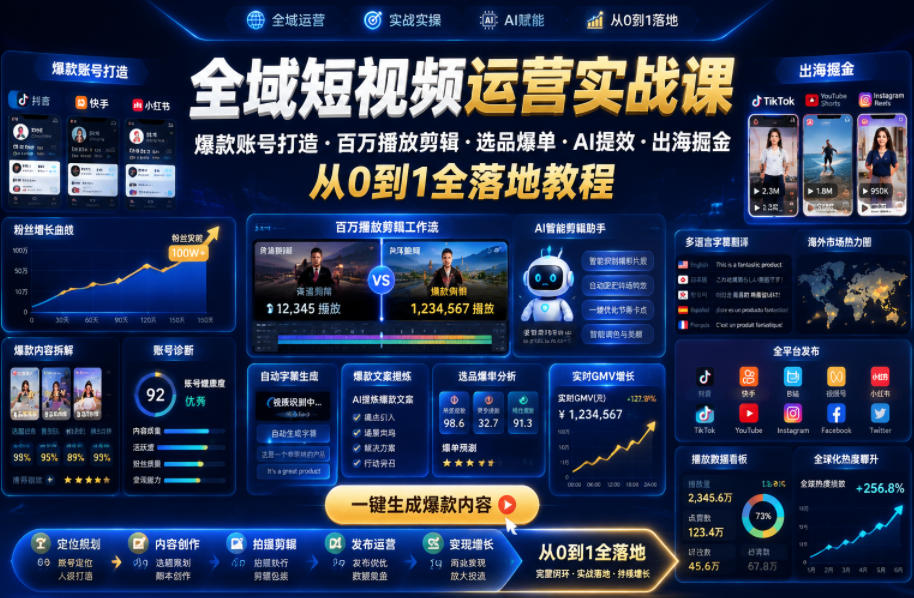 全域短视频运营实战课，爆款账号打造・百万播放剪辑・选品爆单・AI提效・出海掘金，从0到1全落地教程-白蛇网