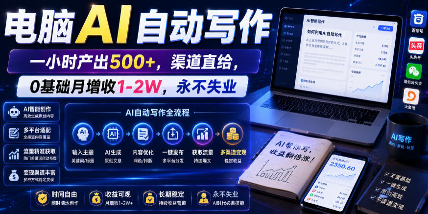 5521925126ca3d389296fdbf4fd93e06.jpeg 电脑AI自动写作,一小时产出500+,渠道直给,0基础月增收1-2W,永不失业【揭秘】