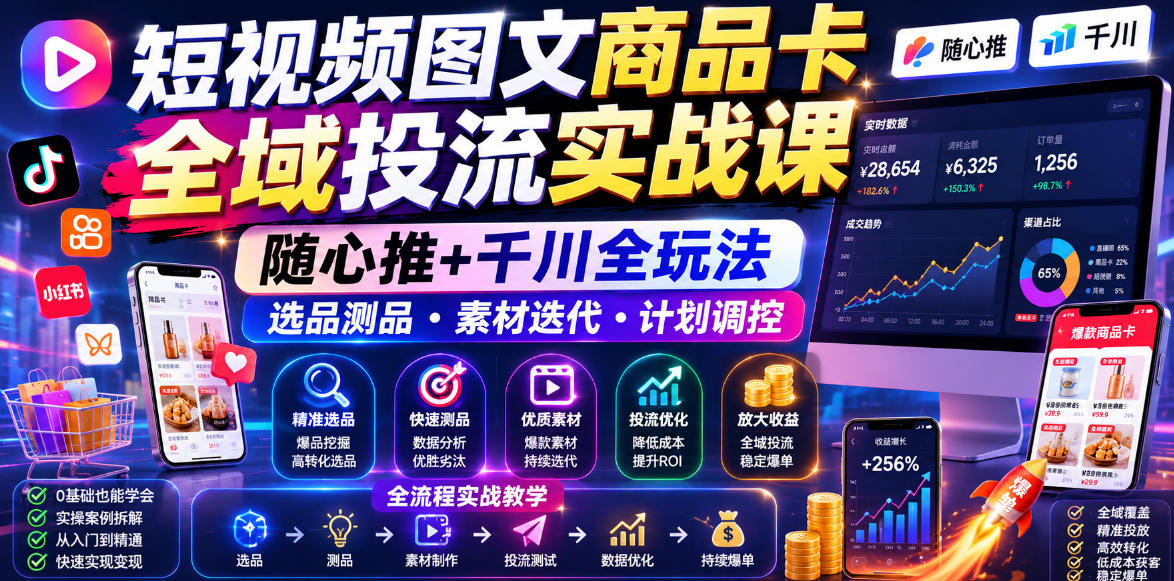 57f063a1716b8cae01493af7ce08d5cb.jpeg 短视频图文商品卡全域投流实战课,随心推+千川全玩法,选品测品・素材迭代・计划调控,提升ROI爆单增收教程