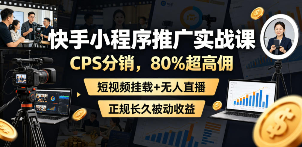 快手小程序推广实战课，CPS分销，80%超高佣，短视频挂载+无人直播，正规长久被动收益网赚项目-副业赚钱-互联网创业-资源整合青创网