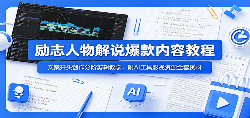 励志人物解说爆款内容教程：文案开头创作分阶剪辑教学，附AI 工具影视资源全套资料-白蛇网