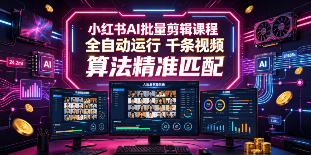 小红书AI批量剪辑课程，24小时全自动运行，解放双手专注运营，千条视频批量处理，小红书算法精准匹配-白蛇网