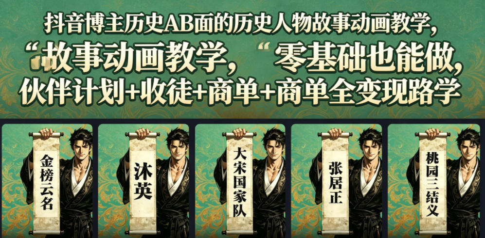 抖音博主历史AB面的历史人物故事动画教学,零基础也能做,伙伴计划+收徒+商单全变现路径教学-白蛇网
