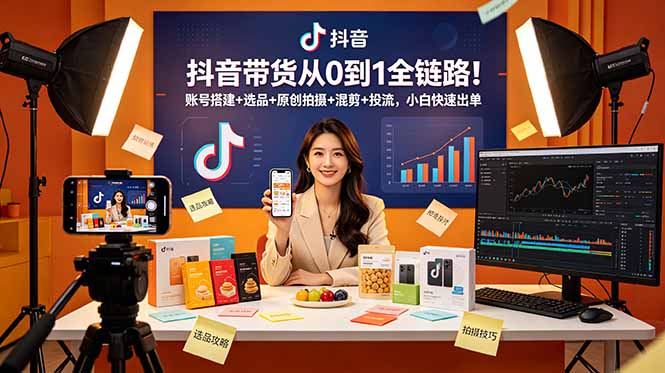 抖音带货从0到1全链路！账号搭建+选品+原创拍摄+混剪+投流，小白快速出单-白蛇网