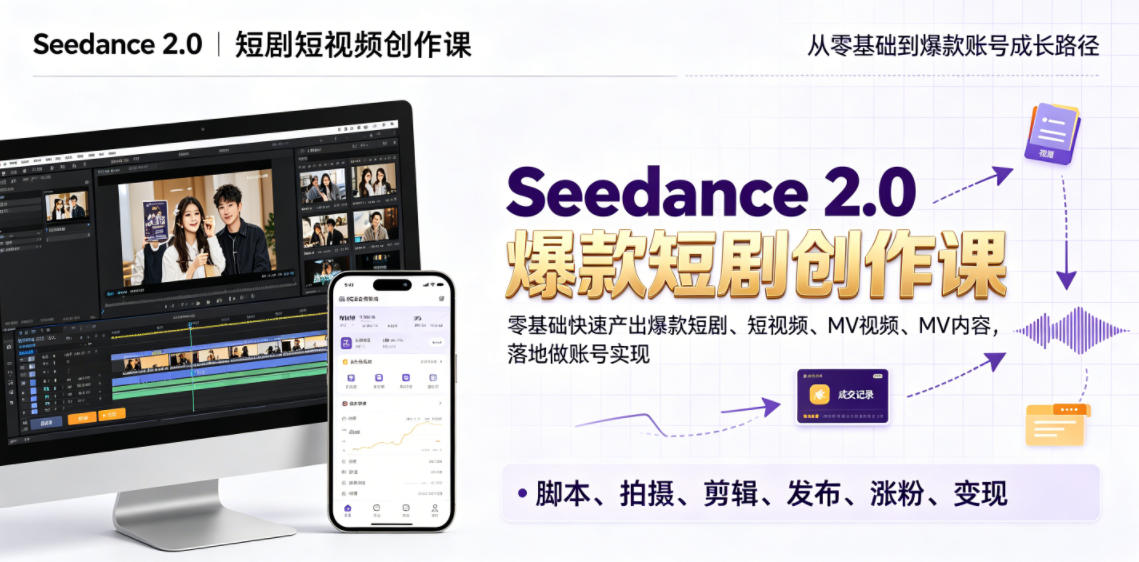 Seedance 2.0短剧短视频创作课，零基础快速产出爆款短剧、短视频、MV内容，落地做账号实现变现-白蛇网
