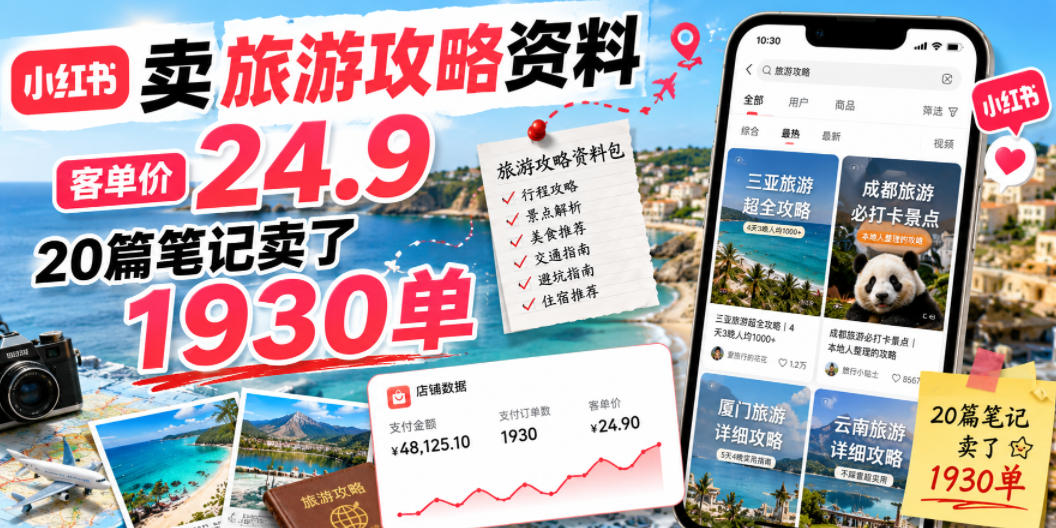 小红书卖旅游攻略资料，客单价24.9，20篇笔记卖了1930单！-白蛇网