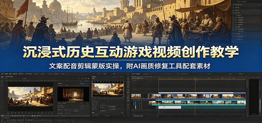 沉浸式历史互动游戏视频创作教学：文案配音剪辑蒙版实操，附AI画质修复工具配套素材-白蛇网