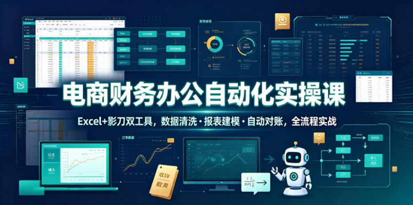 电商财务办公自动化实操课，Excel+影刀双工具，数据清洗・报表建模・自动对账，全流程实战-白蛇网