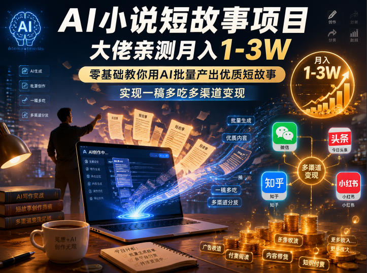 AI小说短故事项目，大佬亲测月入1-3W，零基础教你用AI批量产出优质短故事，实现一稿多吃多渠道变现(更新0624)-白蛇网