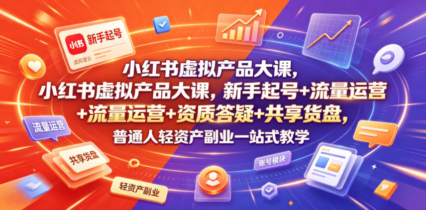 小红书虚拟产品大课，新手起号+流量运营+资质答疑+共享货盘，普通人轻资产副业一站式教学-白蛇网