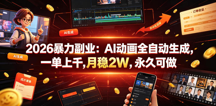 2026暴力副业：AI动画全自动生成，一单上千，月稳2W，永久可做【揭秘】-白蛇网