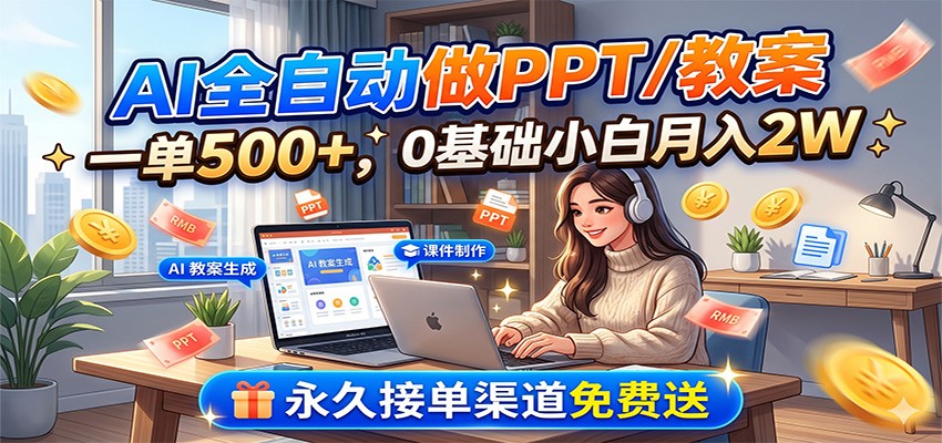 AI全自动做PPT/教案，一单500+，0基础小白月入2W，永久接单渠道免费送-白蛇网