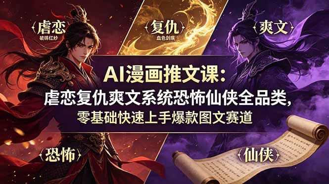 AI漫画推文课：虐恋复仇爽文系统恐怖仙侠全品类，零基础快速上手爆款图文赛道-白蛇网