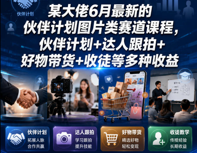 某大佬6月最新的伙伴计划图片类赛道课程，伙伴计划+达人跟拍+好物带货+收徒等多种收益-白蛇网