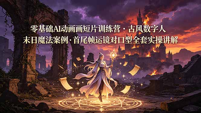 零基础AI动画短片训练营，古风数字人末日魔法案例，首尾帧运镜对口型全套实操讲解-白蛇网
