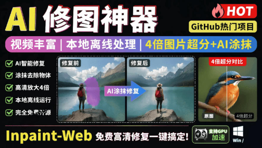本地离线处理，4倍图片超分+AI涂抹去水印！Github上热门神器，免费高清修复图一键搞定！Inpaint-Web-白蛇网