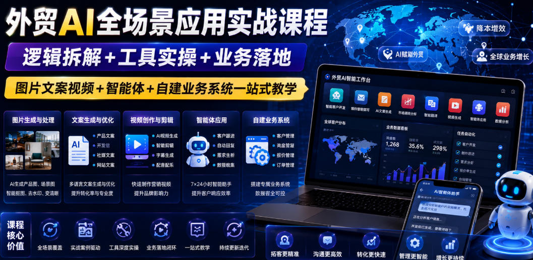 外贸AI全场景应用实战课程｜逻辑拆解+工具实操+业务落地，图片文案视频+智能体+自建业务系统一站式教学-白蛇网
