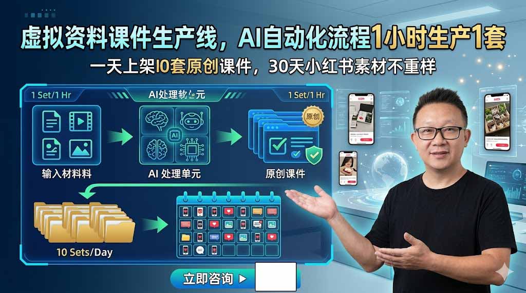 虚拟资料课件生产线，AI自动化流程1小时生产1套，一天上架10套原创课件，30天小红书素材不重样-白蛇网