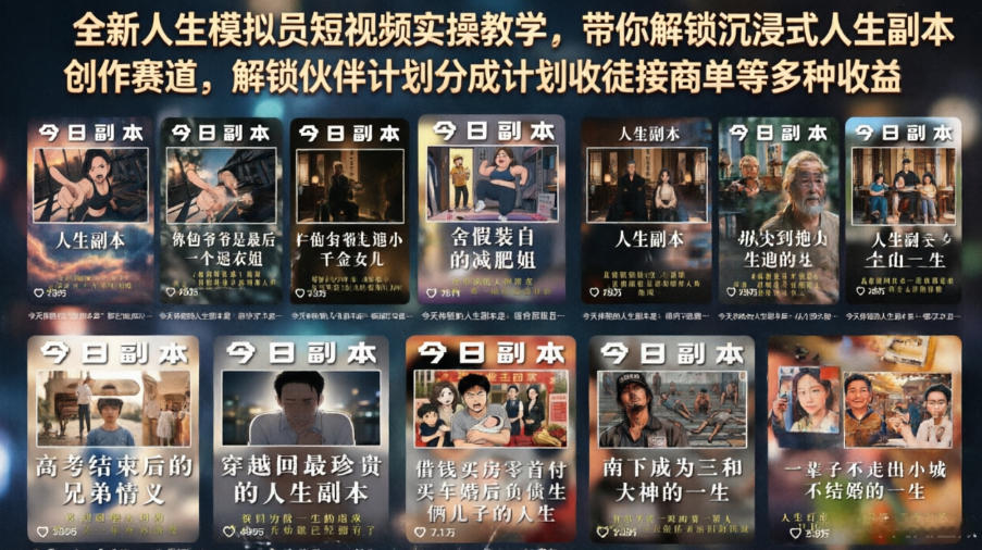 全新人生模拟员短视频实操教学，带你解锁沉浸式人生副本创作赛道，解锁伙伴计划分成计划收徒接商单等多种收益-白蛇网