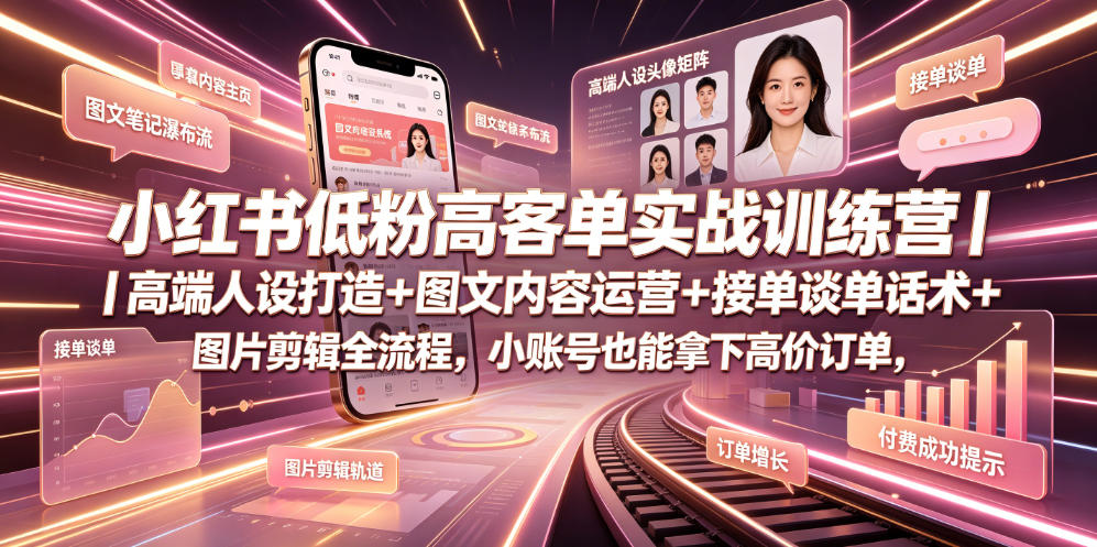 小红书低粉高客单实战训练营｜高端人设打造+图文内容运营+接单谈单话术+图片剪辑全流程，小账号也能拿下高价订单-白蛇网