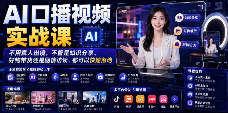 AI口播视频实战课，不用真人出镜，不管是知识分享、好物带货还是剧情访谈，都可以快速落地-白蛇网