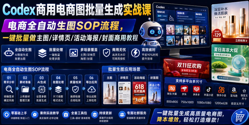 Codex商用电商图批量生成实战课｜电商全自动生图SOP流程，一键批量做主图/详情页/活动海报/封面商用教程-白蛇网