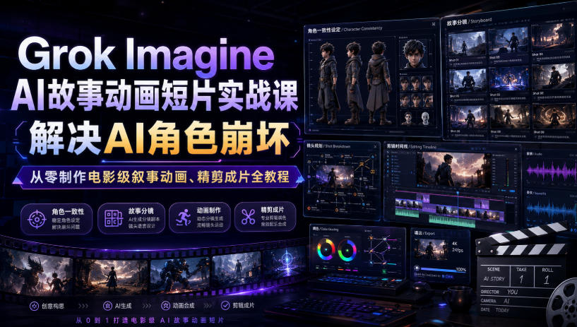 Grok Imagine AI故事动画短片实战课｜解决AI角色崩坏，从零制作电影级叙事动画、精剪成片全教程(中英字幕)-白蛇网
