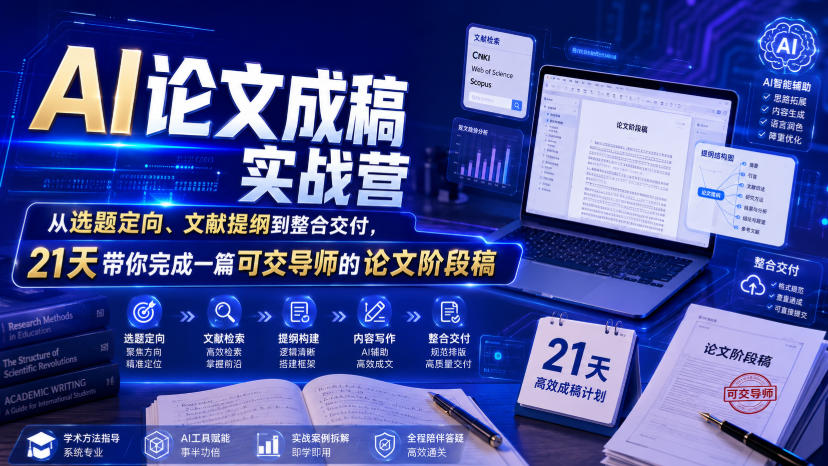 AI论文成稿实战营，从选题定向、文献提纲到整合交付，21天带你完成一篇可交导师的论文阶段稿-白蛇网