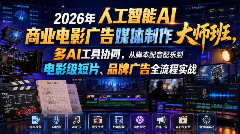 2026年人工智能AI商业电影广告媒体制作大师班，多AI工具协同，从脚本配音配乐到电影级短片、品牌广告全流程实战(中英字幕)-白蛇网