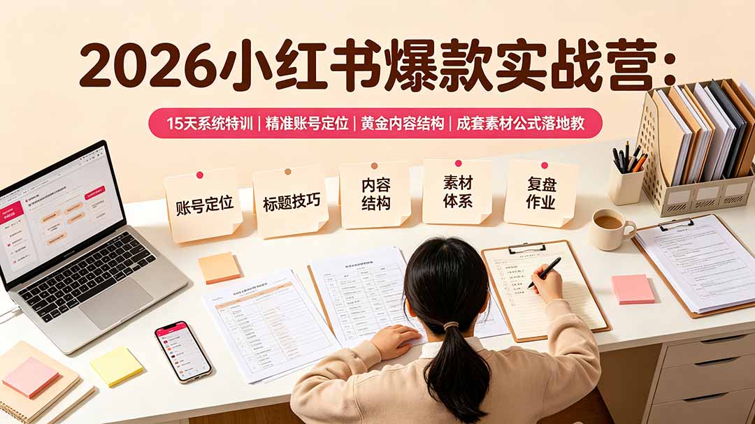 2026小红书爆款实战营：15天系统特训｜精准账号定位｜黄金内容结构｜成套素材公式落地教程-白蛇网