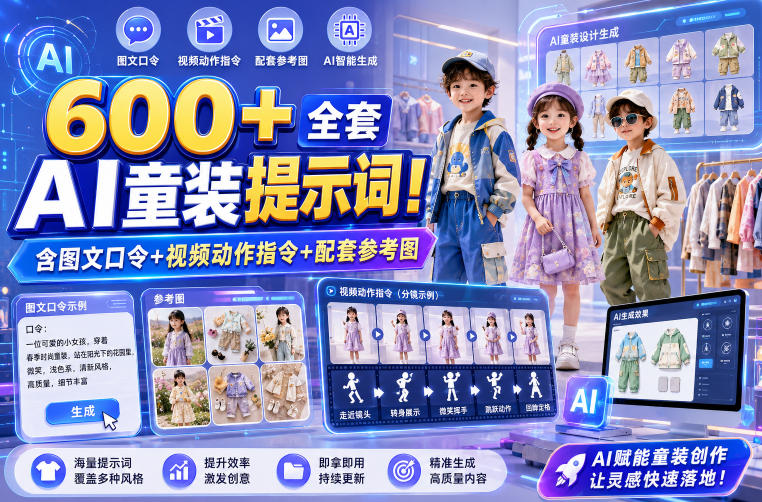 600+全套AI童装提示词！含图文口令+视频动作指令+配套参考图，Word-Excel规整分类，童装电商、种草无脑量产内容！-白蛇网