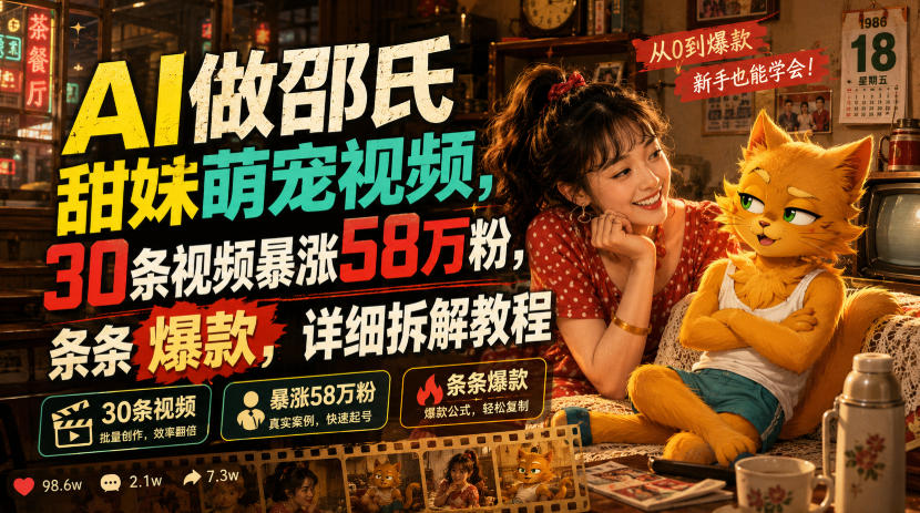 AI做邵氏甜妹萌宠视频，30条视频暴涨58万粉，条条爆款，详细拆解教程-白蛇网