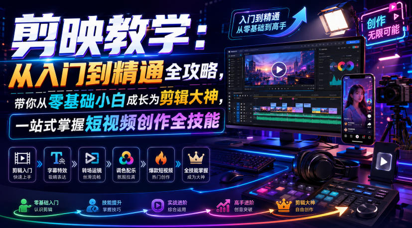 剪映教学:从入门到精通全攻略,带你从零基础小白成长为剪辑大神,一站式掌握短视频创作全技能-白蛇网