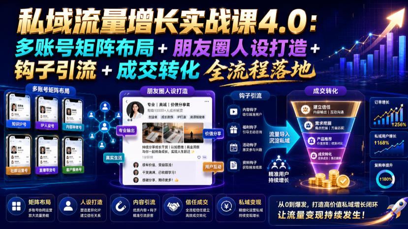 私域流量增长实战课4.0：多账号矩阵布局+朋友圈人设打造+钩子引流+成交转化全流程落地-白蛇网