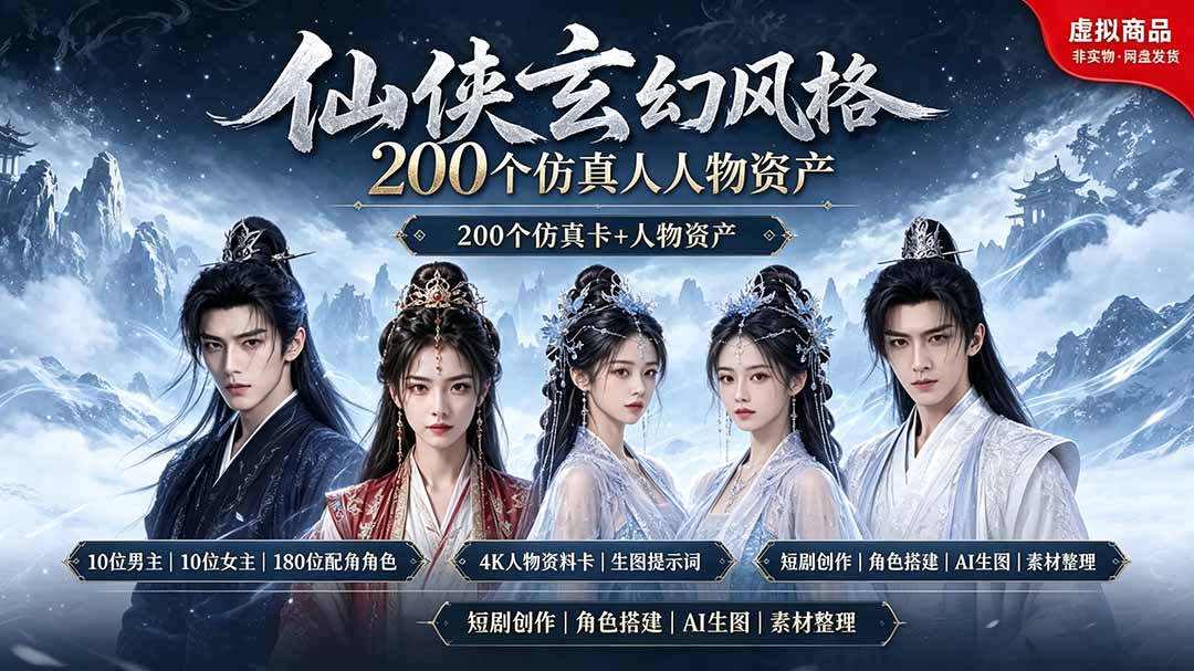 200个仙侠玄幻仿真人素材◆10男主×10女主×180配角，4K资料卡+AI生图提示词，漫剧必备-白蛇网